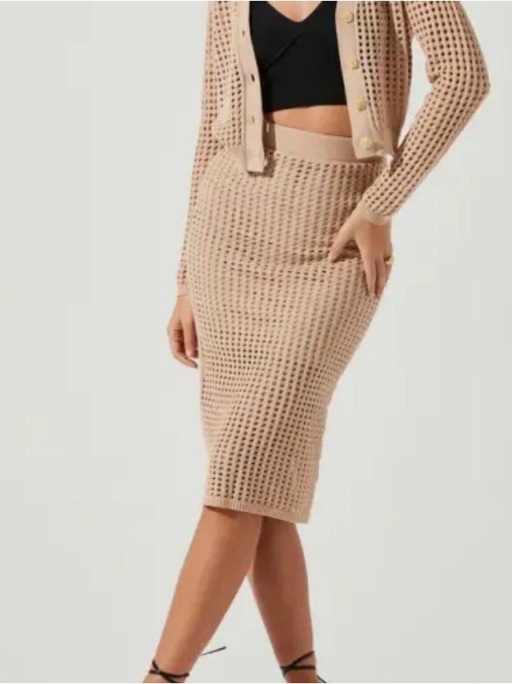 ASTR the Label Crochet Halsey Knit Midi Skirt in Beige/Camel